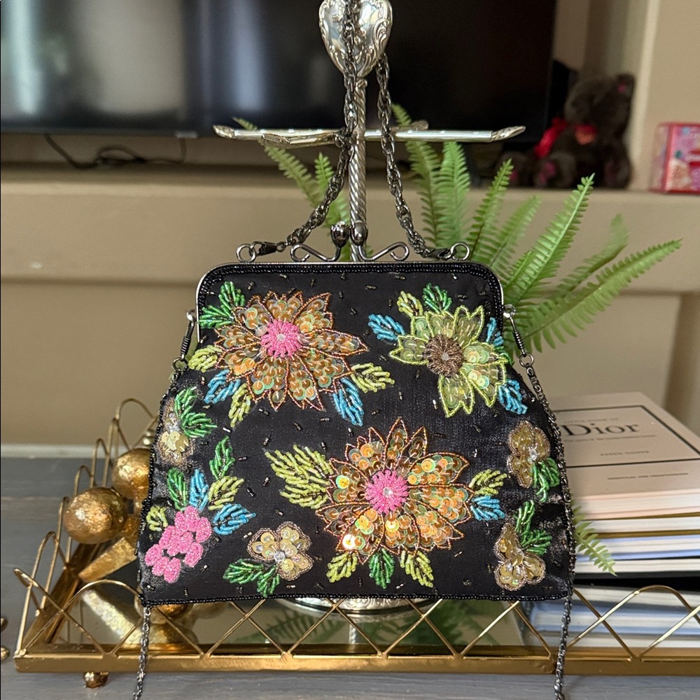 Embroidered Floral Black Handbag
